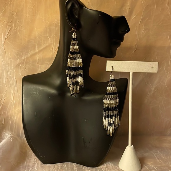 Beaded boho/hippie dangle, black, white & gray colored fish hook earrings - Picture 1 of 6